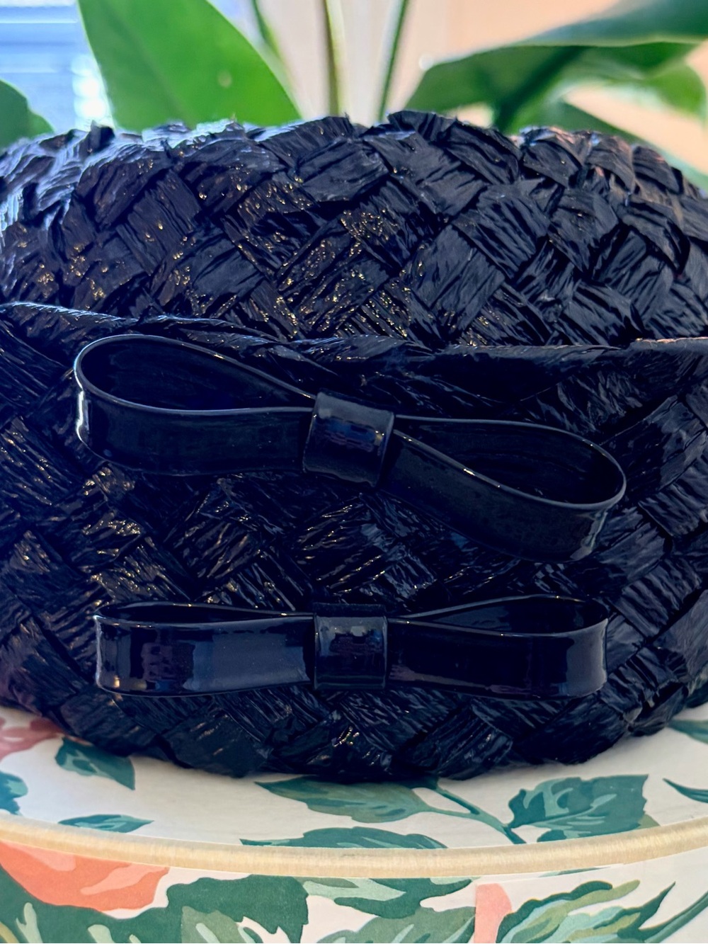Vintage Black Woven Hat with Decorative Bows